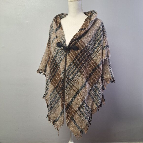 Modena Shawl Wrap Plaid Brown Toggle Fringe 36 Inches Across Fall Winter Soft - Picture 1 of 8